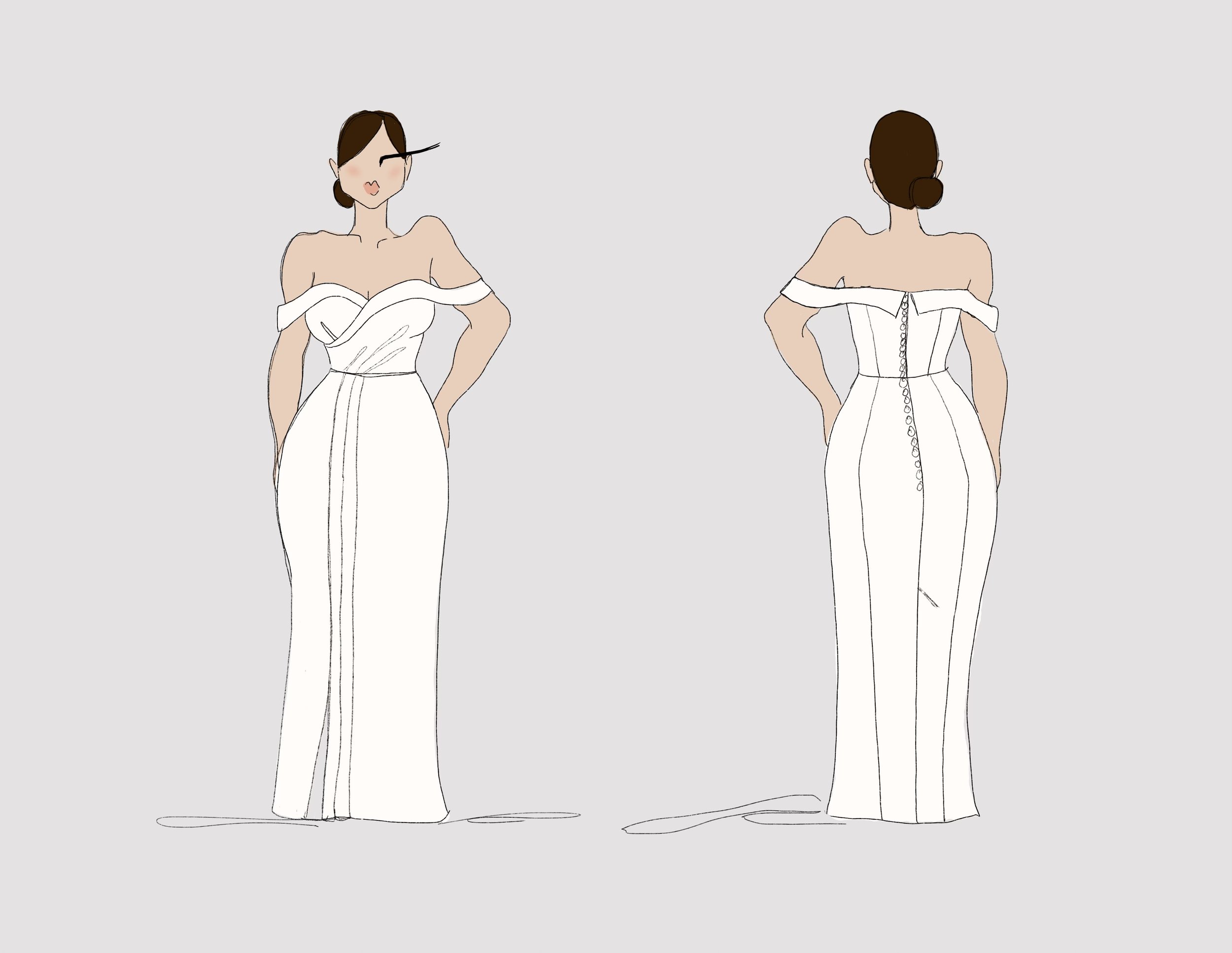 Drawing of a bespoke wedding dress design